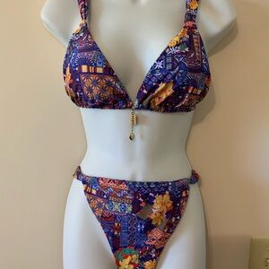 Purple Floral Patchwork Triangle Bikini with Gold Charm
